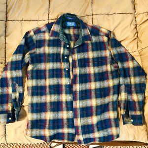 Vintage Pendleton 100% Virgin Wool Flannel Shirt Mens M USA Made Blue Red Brown